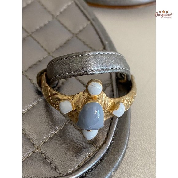 Authentic CHANEL Silver Leather Enamel Embellished Toe Ring Flat Sandals 37C - Picture 2 of 13